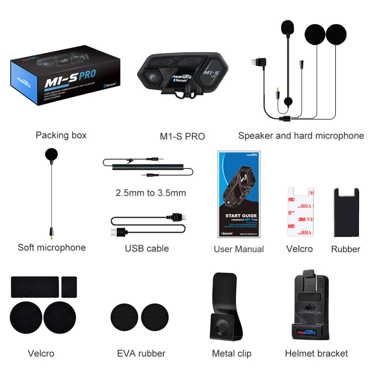 Fodsports M1-S Pro Motorcycle Intercom Helmet Headset Bluetooth 2000M