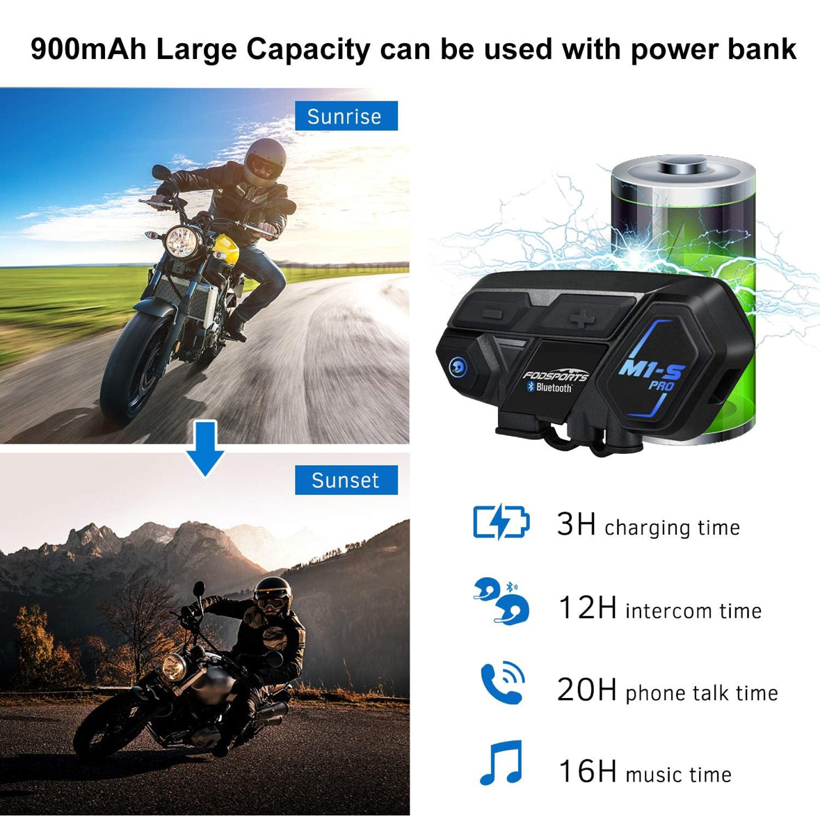 Fodsports M1-S Pro Motorcycle Intercom Helmet Headset Bluetooth 2000M