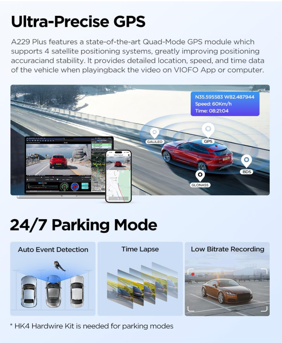 Viofo A229 Plus 2CH Dash Cam Dual Camera (2K Front & Rear) GPS WIFI HDR