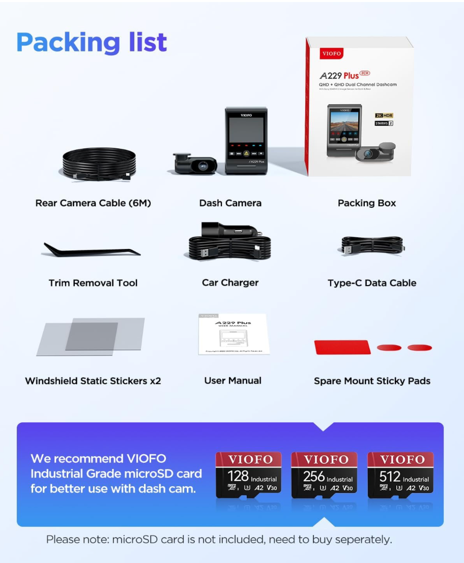 Viofo A229 Plus 2CH Dash Cam Dual Camera (2K Front & Rear) GPS WIFI HDR