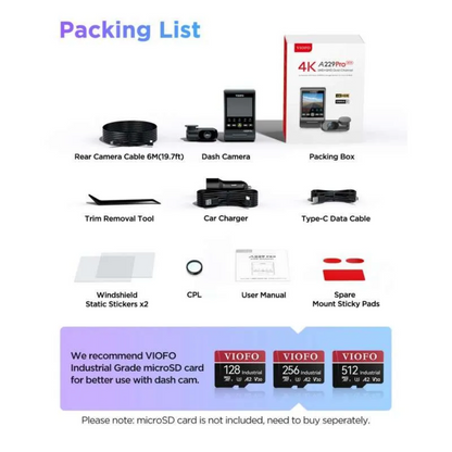 Viofo A229 Pro 2CH Dash Cam: Dual Camera Front (2K) and Rear (4K) GPS WIFI HDR