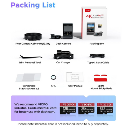 Viofo A229 Pro 2CH Dash Cam: Dual Camera Front (4K) and Rear (2K)