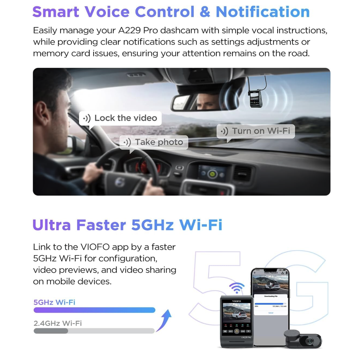 Viofo A229 Pro 2CH Dash Cam: Dual Camera Front (4K) and Rear (2K)